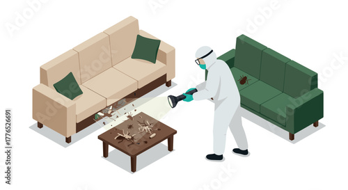 Isometric pest control scene with exterminator removing insects from living room furniture