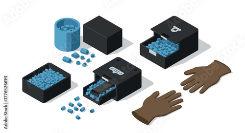 Isometric assembly of pharmaceutical capsules with gloves and containers