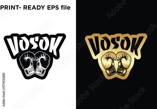 Dynamic "VOSOK" wordmark logo vector featuring bold, custom typography layered above detailed boxing gloves. Print-ready graphic ideal for boxing gyms, fitness apparel, MMA brands, sports leagues