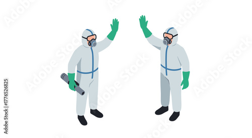 Isometric workers in protective gear exchanging highfive gesture