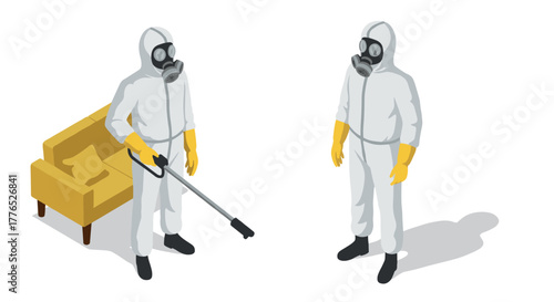 Isometric disinfection team in protective gear with cleaning equipment