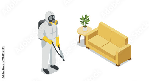 Isometric sanitization worker cleaning near couch in protective gear