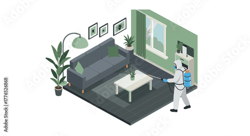 Isometric pest control scene in modern living room with professional exterminator