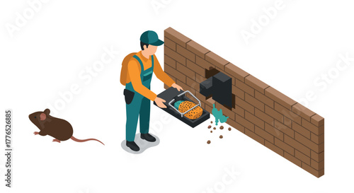 Pest control worker setting mouse trap in isometric urban environment