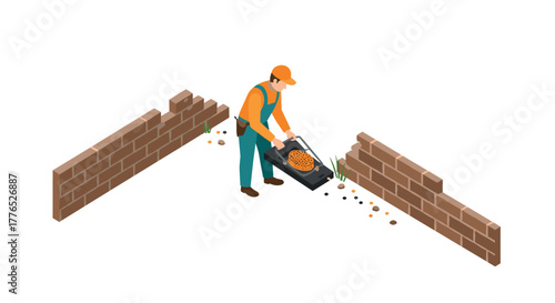 Construction worker building brick wall in isometric style with wheelbarrow