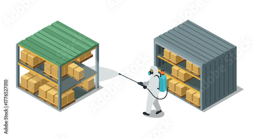 Isometric pest control worker fumigating warehouse storage
