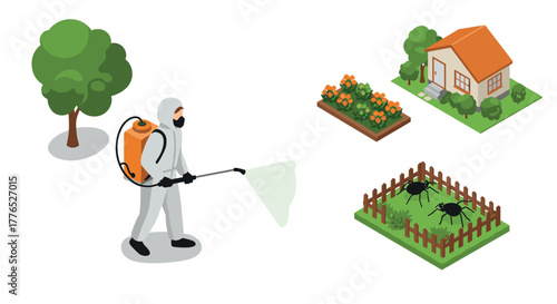 Pest control worker in protective gear spraying insects in garden with house and plants