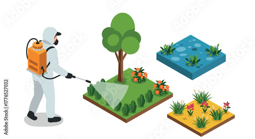 Gardener in protective gear tending plants with isometric garden elements