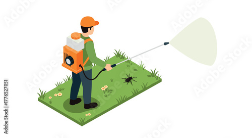 Isometric pest control worker spraying insecticide on lawn