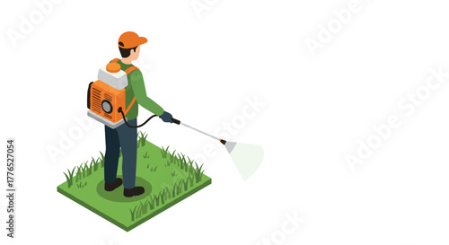 Gardener spraying lawn with backpack sprayer in isometric style