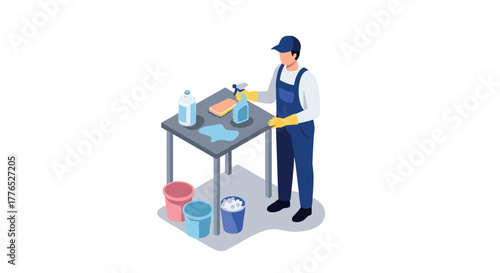 Isometric cleaning worker with supplies and table in uniform for sanitation theme