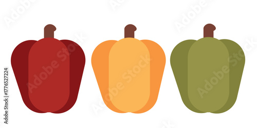 Collection of red, green, and yellow sweet paprika. Decorative vegetable elements for autumn design, food illustrations, posters, menus, and seasonal projects