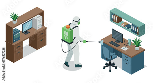 Office disinfection process by worker in protective suit and equipment