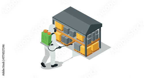 Pest control worker spraying shelves in warehouse in isometric view