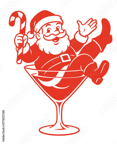 Santa Claus in a cocktail glass illustration. Funny retro Santa.