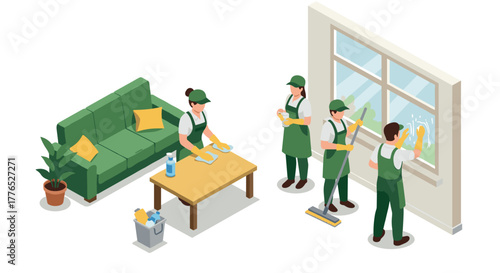 Isometric cleaning crew at work in living room with tools and sofa