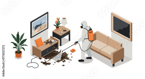 Isometric pest control in modern living room exterminator cleaning bug infestation