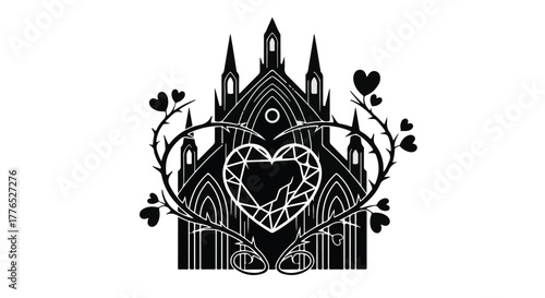 Gothic cathedral embraced by thorny heart and blooming roses