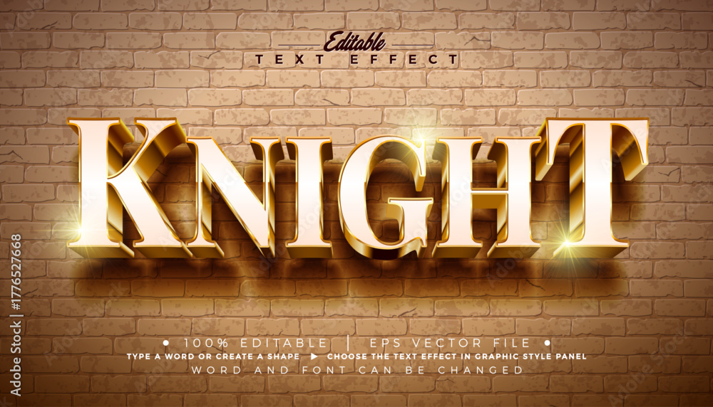 Φωτογραφία Knight 3D Editable Text Effect Design Vector Graphic Style with Golden Framed Typography Lettering and Shadow on Vintage Brick Wall Background
