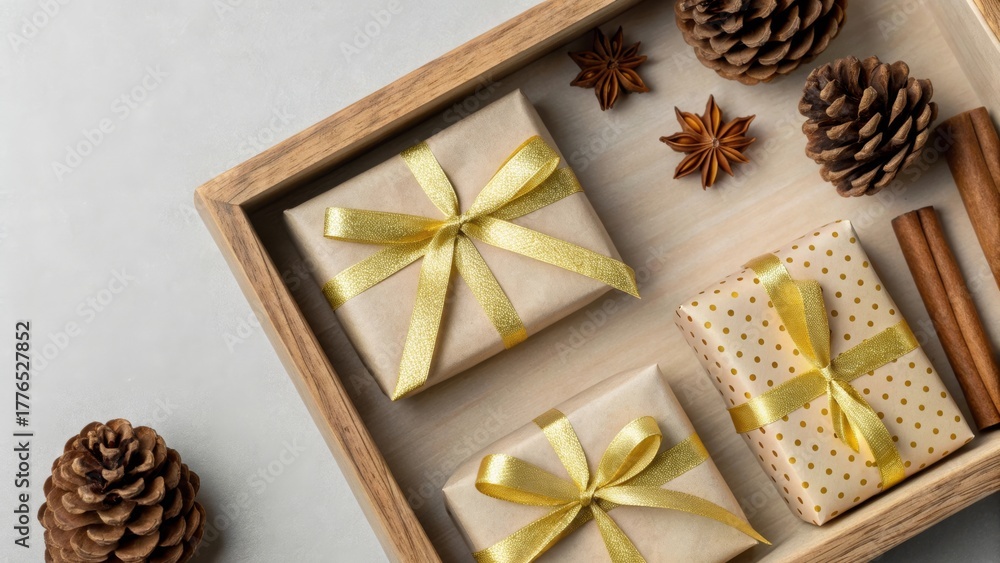 Obraz premium Creating a festive atmosphere with a wooden tray of small wrapped gifts pinecones cinnamon sticks and golden ribbon in a cozy holiday setting