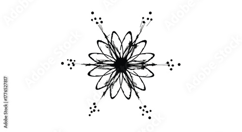 Abstract black ink floral snowflake design with delicate details and radiating lines