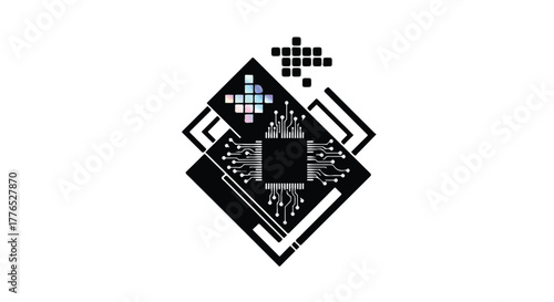 Abstract digital circuit board design with pixelated elements symbolizing data and innovation