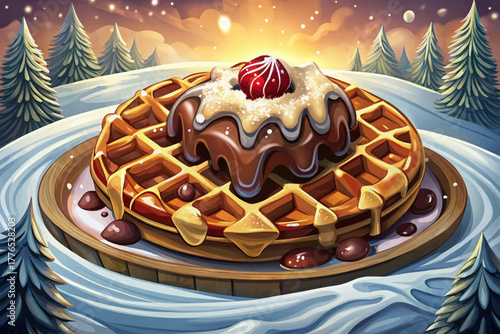 Hot Belgian waffle covered in melted chocolate held above snowy ground, symbolizing sweet comfort in winter market atmosphere