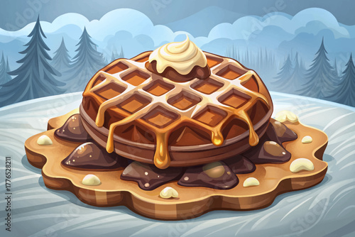 Hot Belgian waffle covered in melted chocolate held above snowy ground, symbolizing sweet comfort in winter market atmosphere