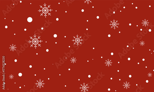 A minimalist winter-themed pattern featuring white snowflakes and circular dots scattered on a solid red background, perfect for festive backgrounds, wrapping paper, and holiday-themed graphic design 