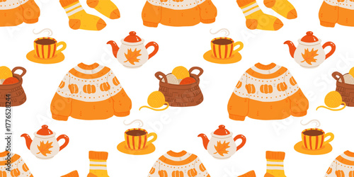 Seamless cozy autumn pattern with fall hygge elements. Pumpkin sweater, tea, candle, pie, socks, book, honey, acorns, leaves, and teapot. Warm fall vibes in flat vector cartoon illustration