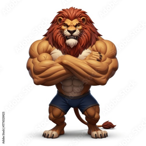 Fierce muscular anthropomorphic lion character with arms crossed posing