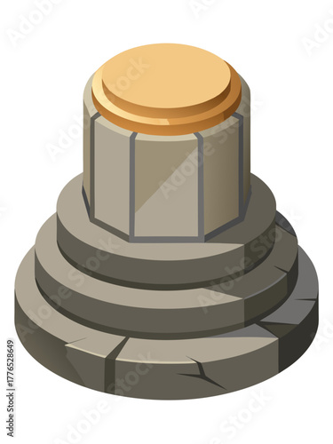 A textured circular podium with a golden top and stone tiered base, ideal for awards or presentations