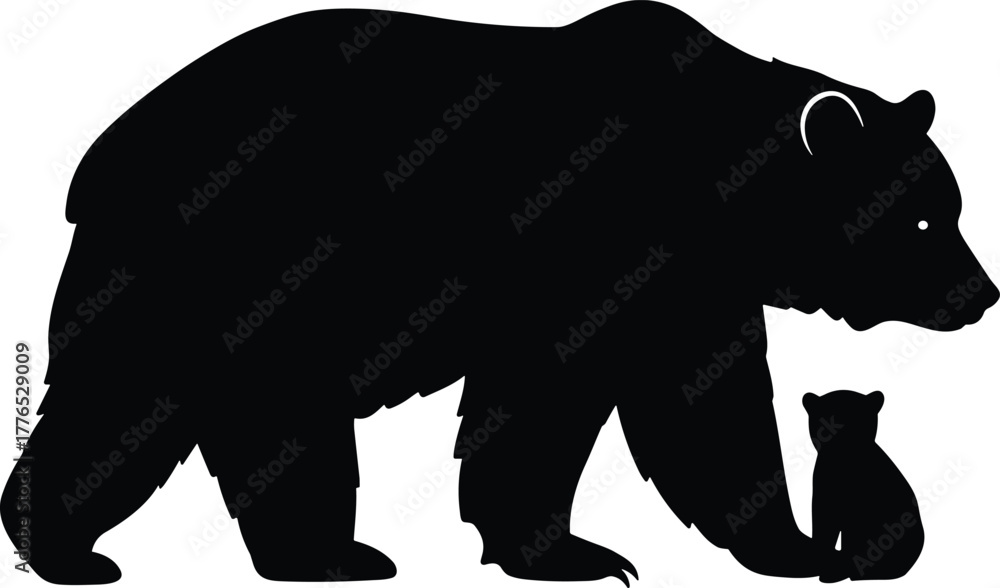 Obraz premium Bear silhouette, mother and cub, wildlife illustration, animal bond, forest scene, black vector, nature art, protective parent, minimalist design