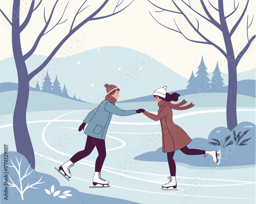 Couple ice skating in winter