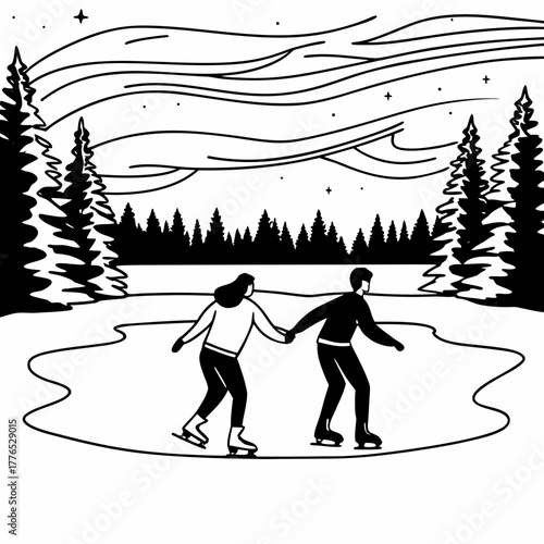 Couple ice skating under aurora borealis in doodle style