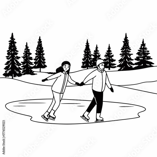 Couple ice skating on a frozen lake in doodle style