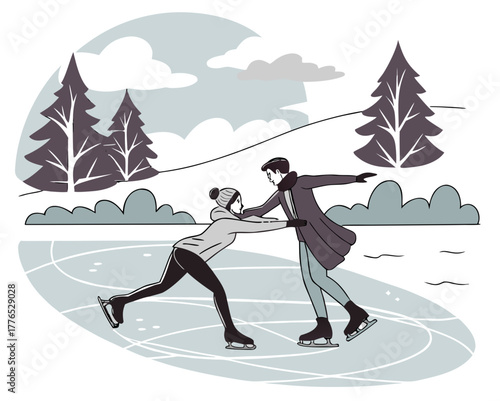 Couple ice skating on a winter day