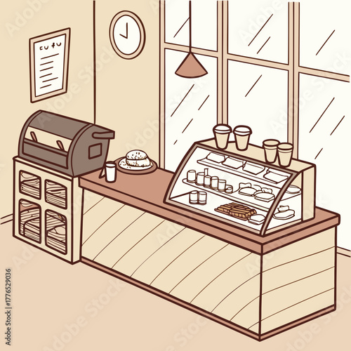 Cozy cafe interior with display case, oven, and menu board illustration