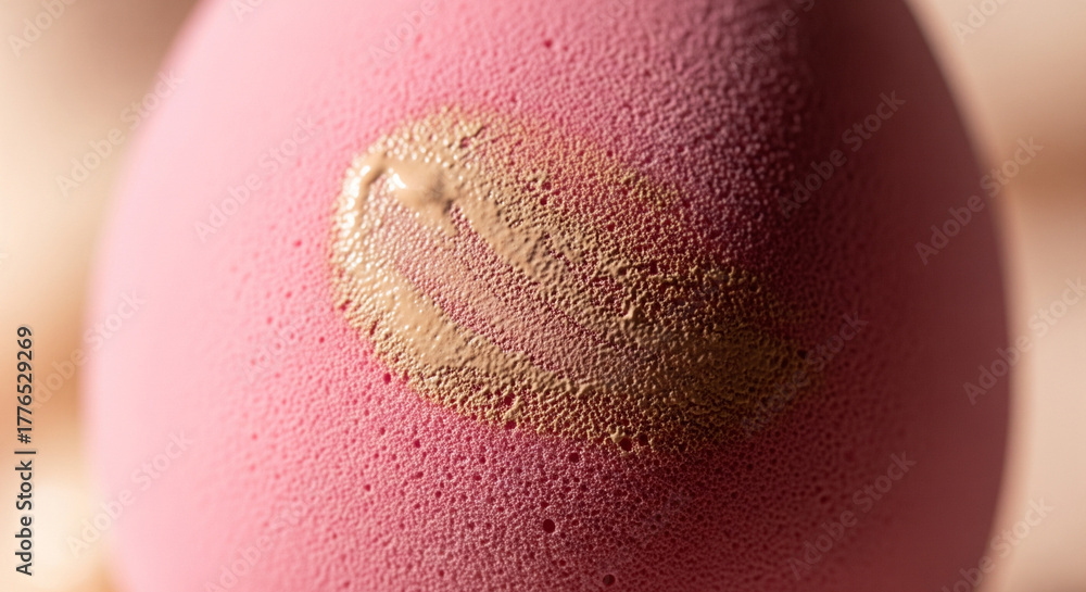 Fototapeta premium Macro shot of liquid foundation swatch on pink makeup sponge An extreme close-up (macro) shot of a vibrant pink, porous makeup sponge (beauty blender)