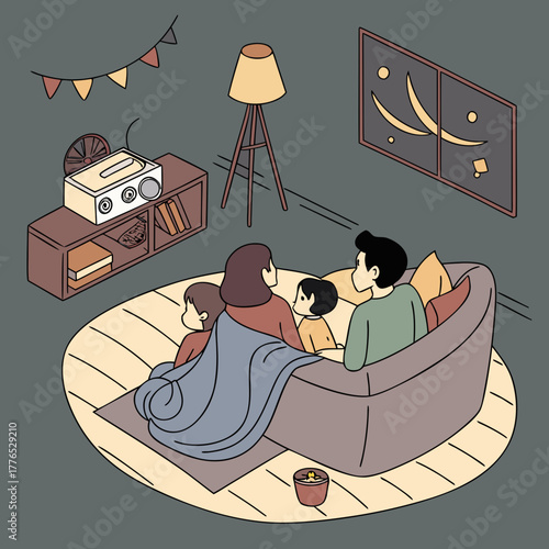 Family watching movie together at home