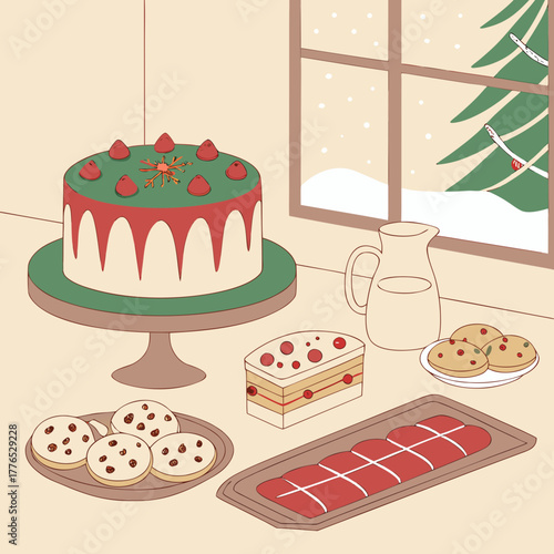 Festive christmas treats displayed on a table near a window illustration