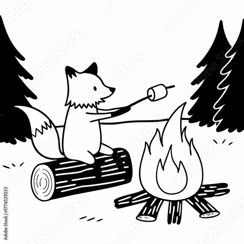 Fox roasting marshmallow over campfire