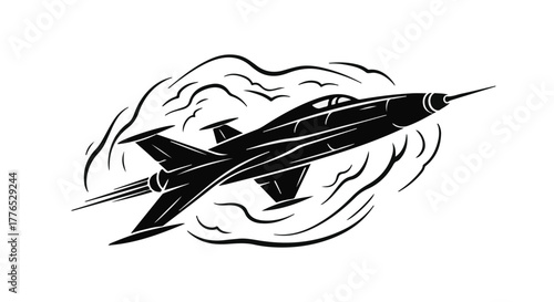 Sleek black jet fighter soaring through atmospheric swirls, conveying speed and power.