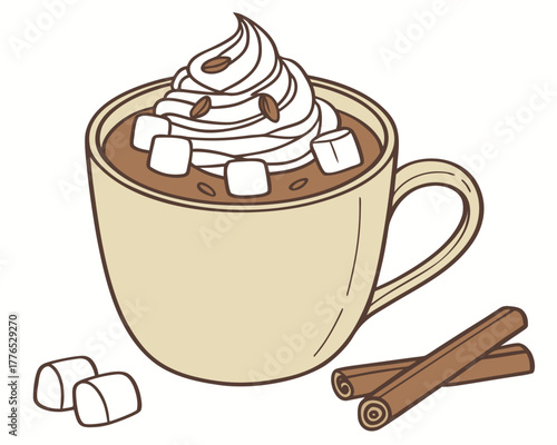 Hot chocolate with marshmallows and cinnamon sticks