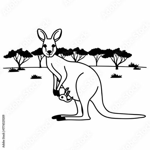 Kangaroo with joey in pouch standing in the australian outback landscape