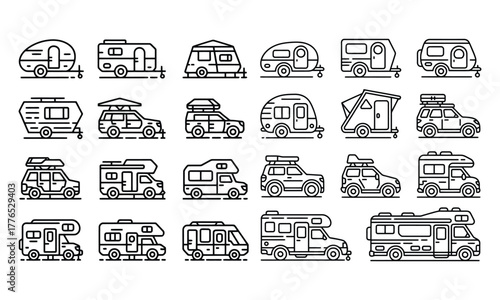 Van life and camping vehicle line icons