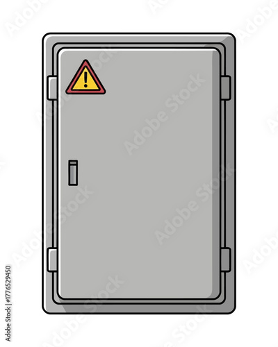 A closed gray metal electrical cabinet with a yellow triangular warning sign, symbolizing electrical safety and potential high voltage hazards