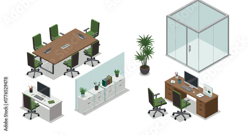 Modern isometric office design with furniture and glass partition