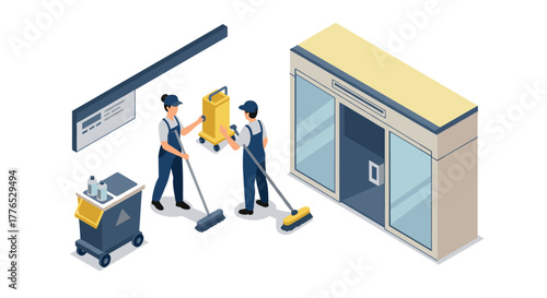 Isometric office cleaning scene with janitors and equipment