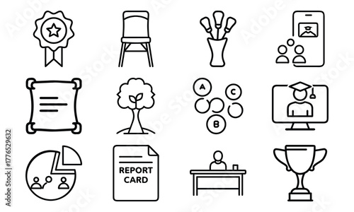Education and Achievement Line Icons Set – Medal, Classroom Seats, Pencils, Online Learning, History Subject, Flowchart, Report Card, Teacher Desk, Student Award, and Pie Chart Symbols on White Backgr